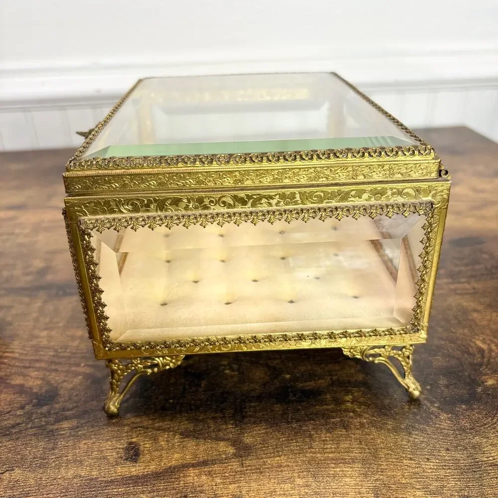 Vintage French Jewelry Box Footed Casket Ormulu Filigree Beveled Glass Regency